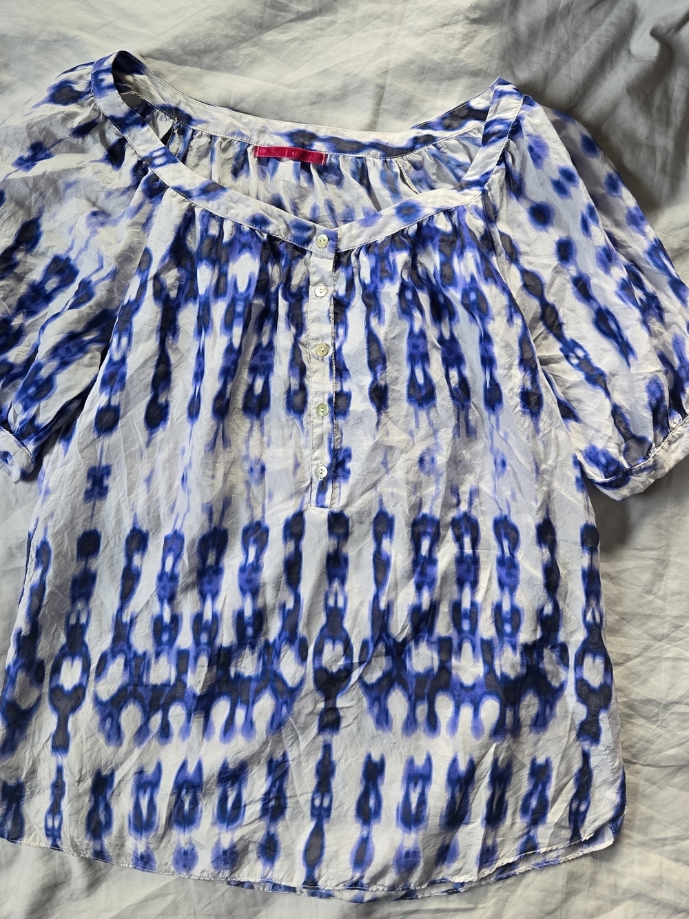 100% Silk Soft Lightweight Festival Tie-Dye Henley Blouse Size Small